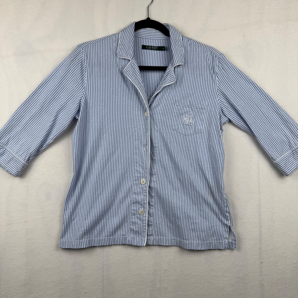 LAUREN Ralph Lauren Womens Pajama Top Blue Stripe‎ 3/4 Sleeve Monogram Button M